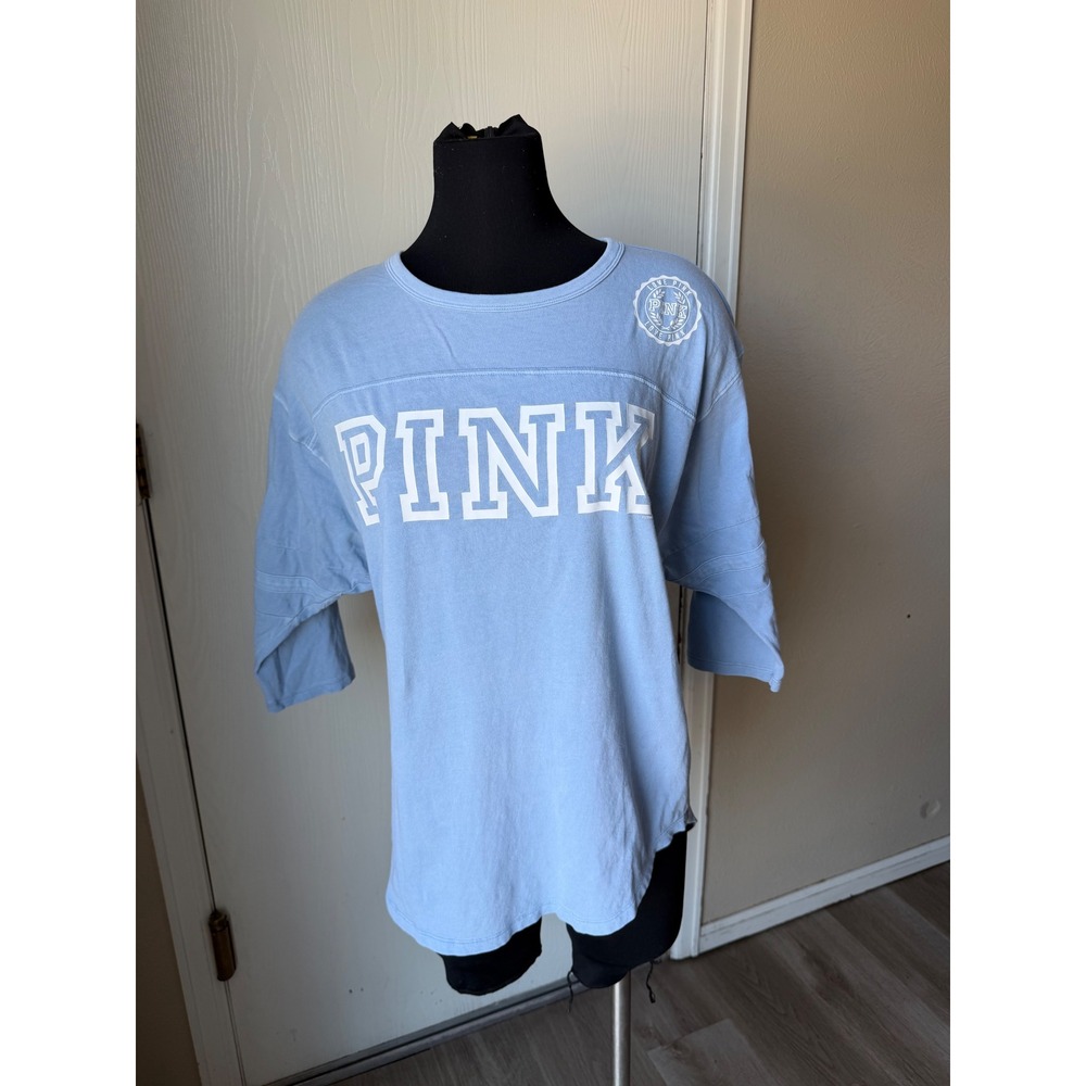 Victoria's Secret PINK Light Blue Varsity 3/4 Sleeve Jersey Tee Shirt Small